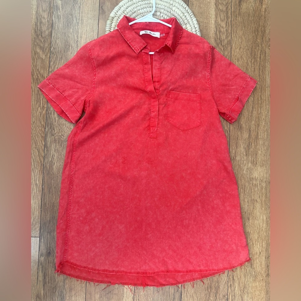 Lyn Burches Distressed Rust-Colored Short Sleeve Mini Pullover V-Neck Dress